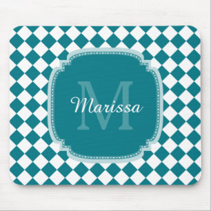 Trendy Teal and White Checked Monogrammed Name Mouse Pad
