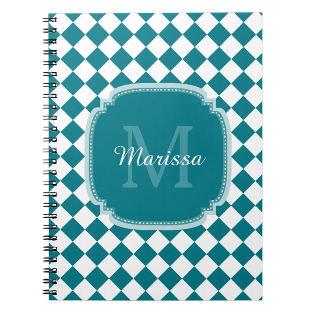 Trendy Teal and White Checked Monogrammed Name Notebook (Front)