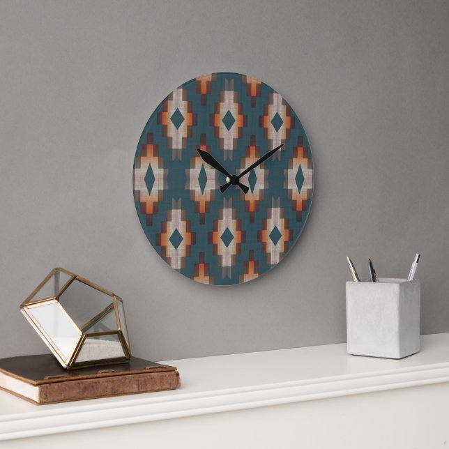 Trendy Teal Blue Orange Dark Brown Grey Tribal Art Large Clock (Office)