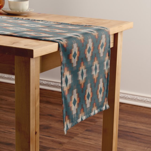 Trendy Teal Blue Orange Dark Brown Grey Tribal Art Medium Table Runner (In Situ)