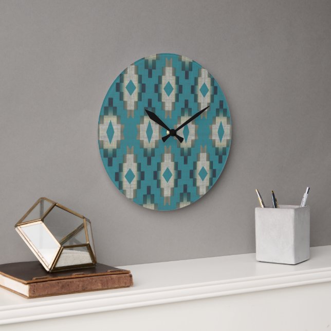 Trendy Teal Blue Taupe Brown Beige Grey Tribal Art Large Clock (Office)