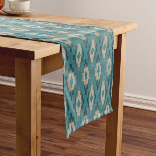 Trendy Teal Blue Taupe Brown Beige Grey Tribal Art Short Table Runner (In Situ)