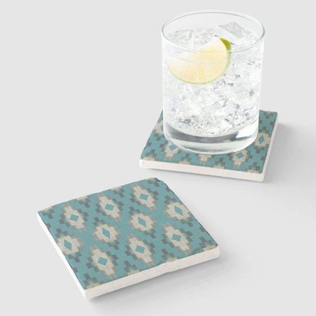 Trendy Teal Blue Taupe Brown Beige Grey Tribal Art Stone Coaster (Side)