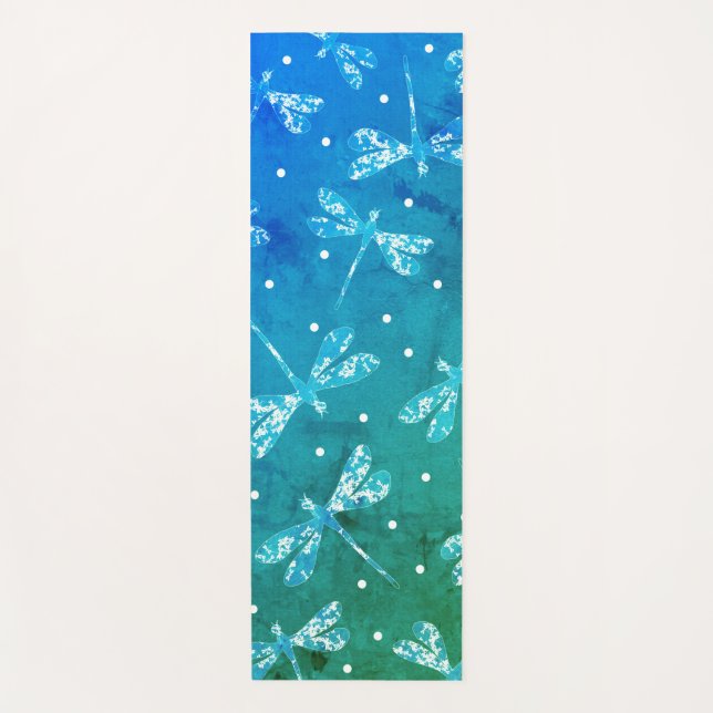 Trendy teal blue watercolor ombre dragonflies yoga mat (Front)