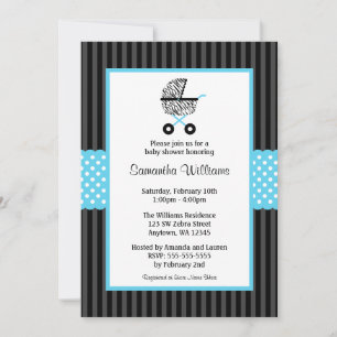 Trendy Teal Blue Zebra Carriage Baby Shower Invitation