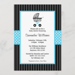 Trendy Teal Blue Zebra Carriage Baby Shower Invitation