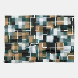 Trendy Teal Brown Black White Plaid  Tea Towel