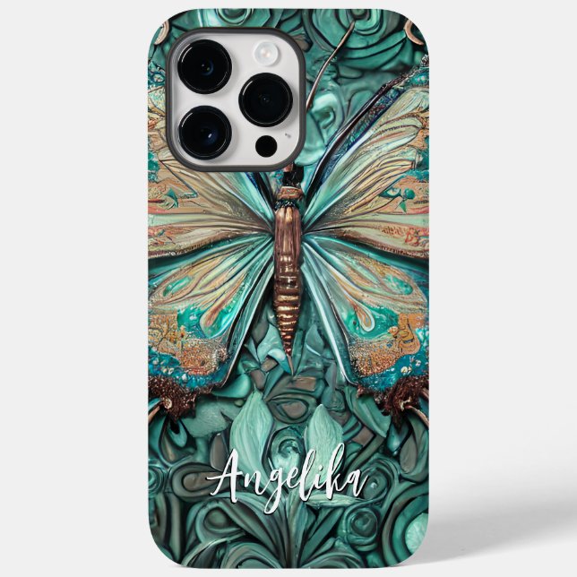Trendy Teal Butterfly Personalised Name Case-Mate iPhone Case (Back)