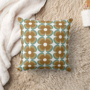 Trendy Teal Caramel Retro Groovy Flowers Seamless Cushion