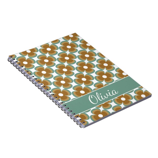 Trendy Teal Caramel Retro Groovy Flowers Seamless Notebook (Right Side)