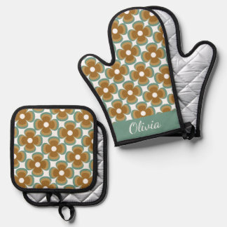 Trendy Teal Caramel Retro Groovy Flowers Seamless Oven Mitt & Pot Holder Set