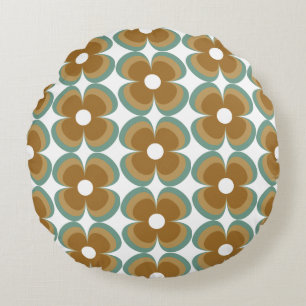 Trendy Teal Caramel Retro Groovy Flowers Seamless Round Cushion