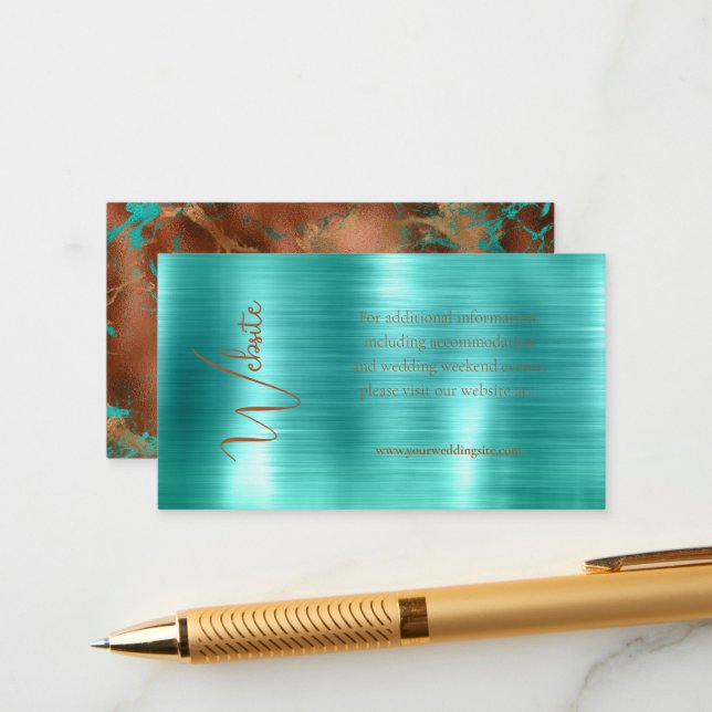 Trendy Teal & Copper Metallic Foil Wedding Website Enclosure Card (Front/Back In Situ)