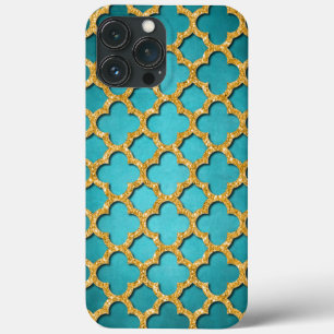 Trendy Teal Faux Shiny Gold Glitter Mosaic Art iPhone 13 Pro Max Case