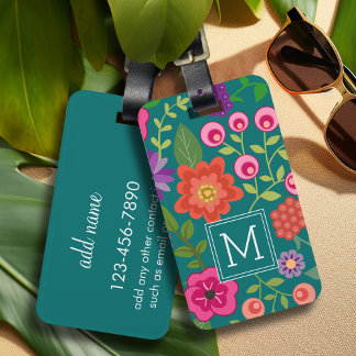 Trendy Teal Floral Pattern with Custom Monogram Luggage Tag