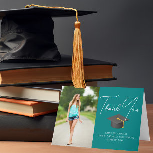 Trendy Teal Graduate Photo Custom Graduation Thank You Card