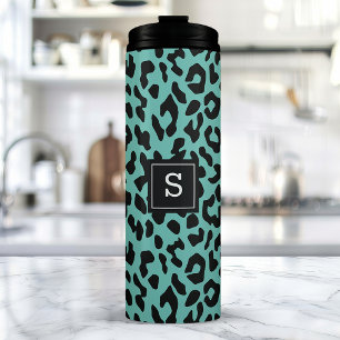 Trendy Teal Leopard Animal Print Monogram Thermal Tumbler