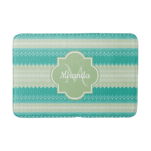 Trendy Teal Neo Mint Green Knit Pattern and Name Bath Mat