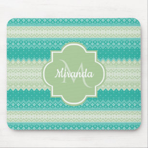 Trendy Teal Neo Mint Green Knit Pattern and Name Mouse Pad