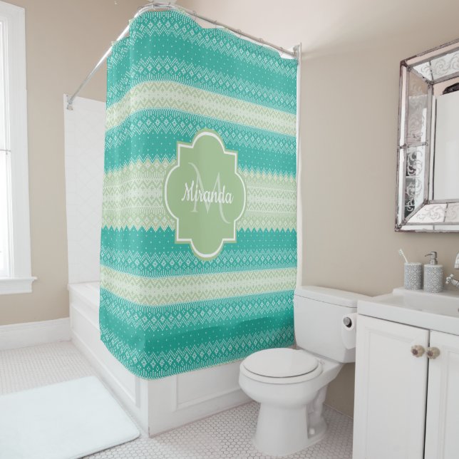 Trendy Teal Neo Mint Green Knit Pattern and Name Shower Curtain (In Situ)