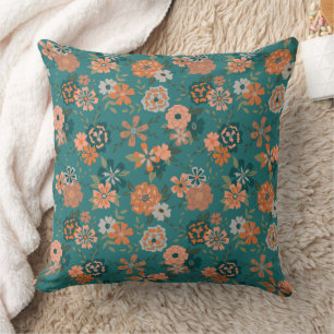 Trendy Teal Orange Flowers Cushion