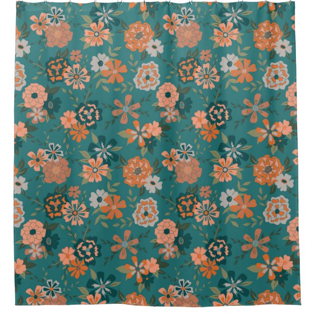 Trendy Teal Orange Pattern Vines Flowers Shower Curtain (Front)
