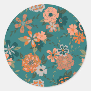Trendy Teal Orange Patterned Vines And Flowers Classic Round Sticker