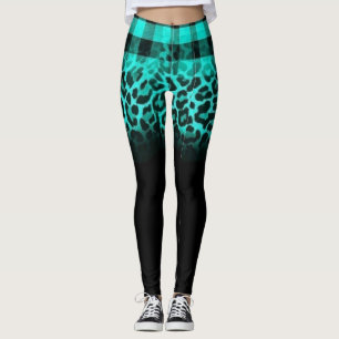 Trendy teal plaid and leopard print leggings