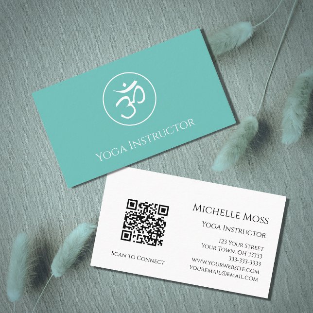 Trendy Teal QR code Yoga Instructor Om Symbol  Business Card (Creator Uploaded)
