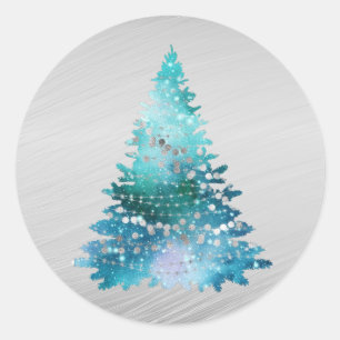 Trendy Teal Silver Glitter Tree Christmas Classic Round Sticker