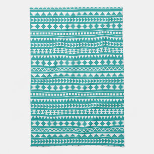Trendy Teal Tribal Aztec Pattern Tea Towel