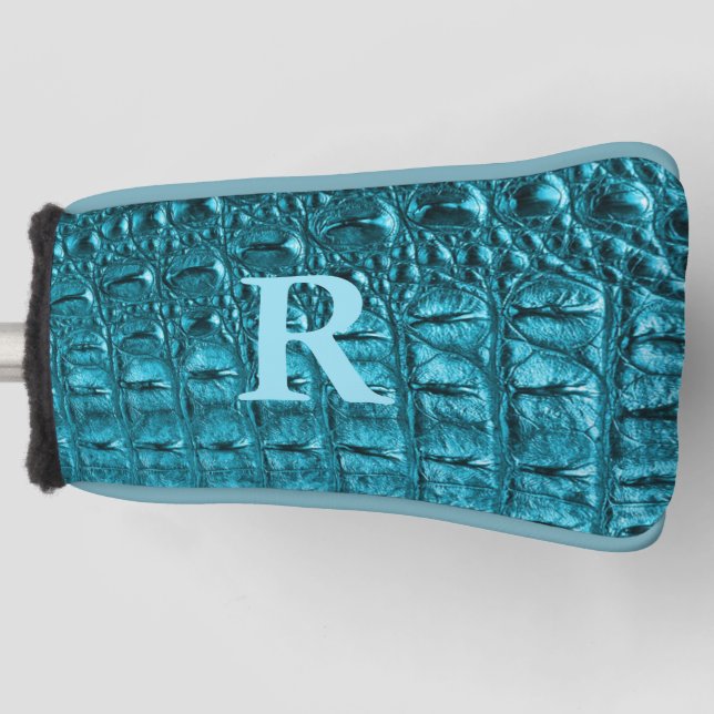 trendy teal turquoise aqua blue alligator print golf head cover (Front)