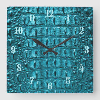 trendy teal turquoise aqua blue alligator print square wall clock
