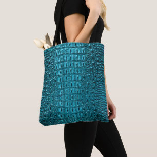 trendy teal turquoise aqua blue alligator print tote bag