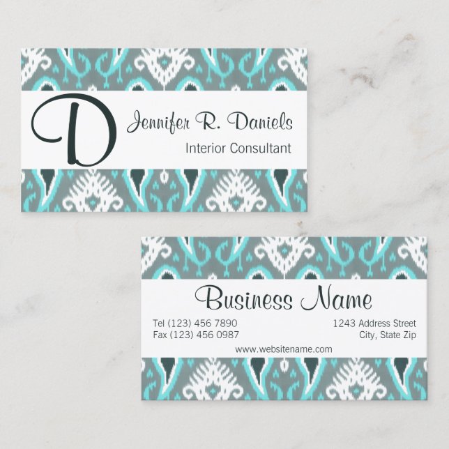Trendy Teal Turquoise Blue Ikat Tribal Pattern Business Card (Front/Back)