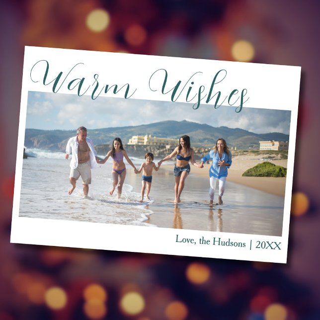 Trendy Teal Warm Wishes Two Beach Family Photo  Holiday Card (Creator Uploaded)
