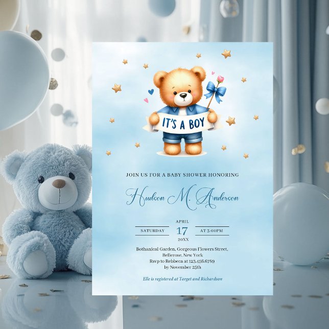 Trendy teddy bear it's a boy baby shower invitation (it's a boy cute teddy bear baby shower invitation)