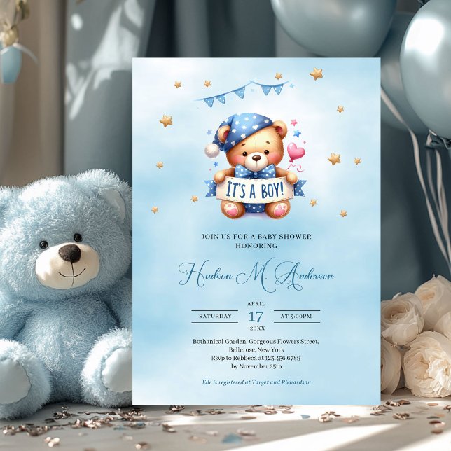 Trendy teddy bear it's a boy baby shower invitation (cute teddy bear holding ribbon it's a boy baby shower invitation)