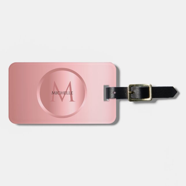 Trendy Template Stylish Rose Gold Monogram Luggage Tag (Front Horizontal)