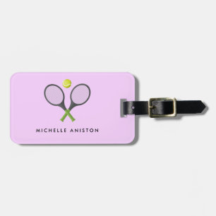 Trendy Tennis Racquet and Ball Personalised Purple Luggage Tag