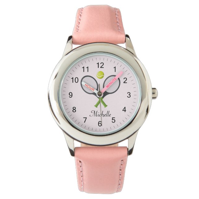Trendy Tennis Racquet Ball Personalised Kids  Pink Watch (Front)