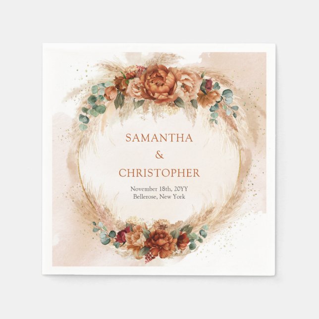 Trendy Terracotta burgundy flowers greenery pampas Napkin (Front)