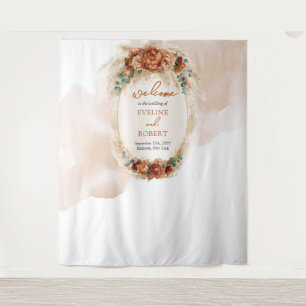 Trendy terracotta burgundy pampas arch backdrop tapestry