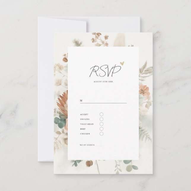 Trendy Terracotta Flowers and Meal Wedding RSVP Card (Front)