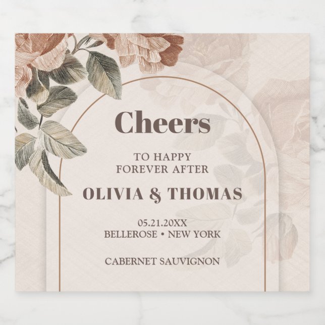 Trendy Terracotta flowers sage brown hues arch Sparkling Wine Label (Single Label)