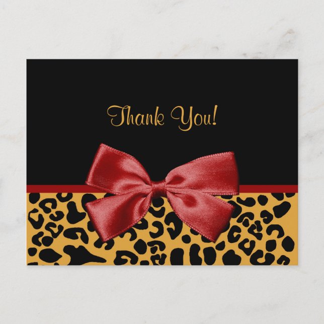 Trendy Thank You Black And Gold Leopard Red Ribbon Postcard (Front)