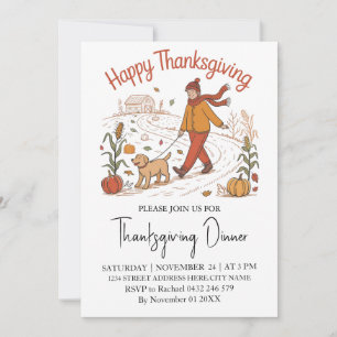 Trendy Thanksgiving Dinner Girl Dog Farm Pumpkin Invitation