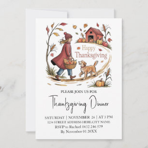 Trendy Thanksgiving Dinner Girl Dog Farm Pumpkin  Invitation