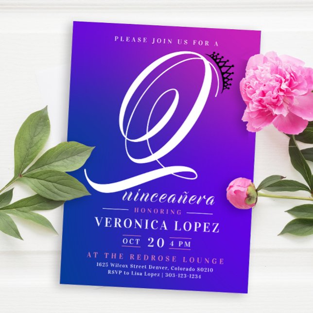 Trendy Tiara Pink Gradient 15th Quinceañera Party Invitation (Creator Uploaded)