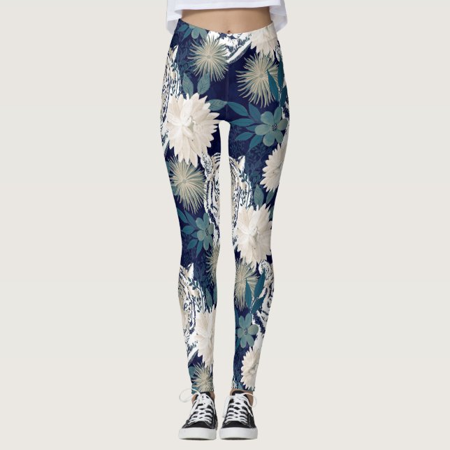 Trendy Tiger Animal Watercolor Floral Blue Design Leggings (Front)